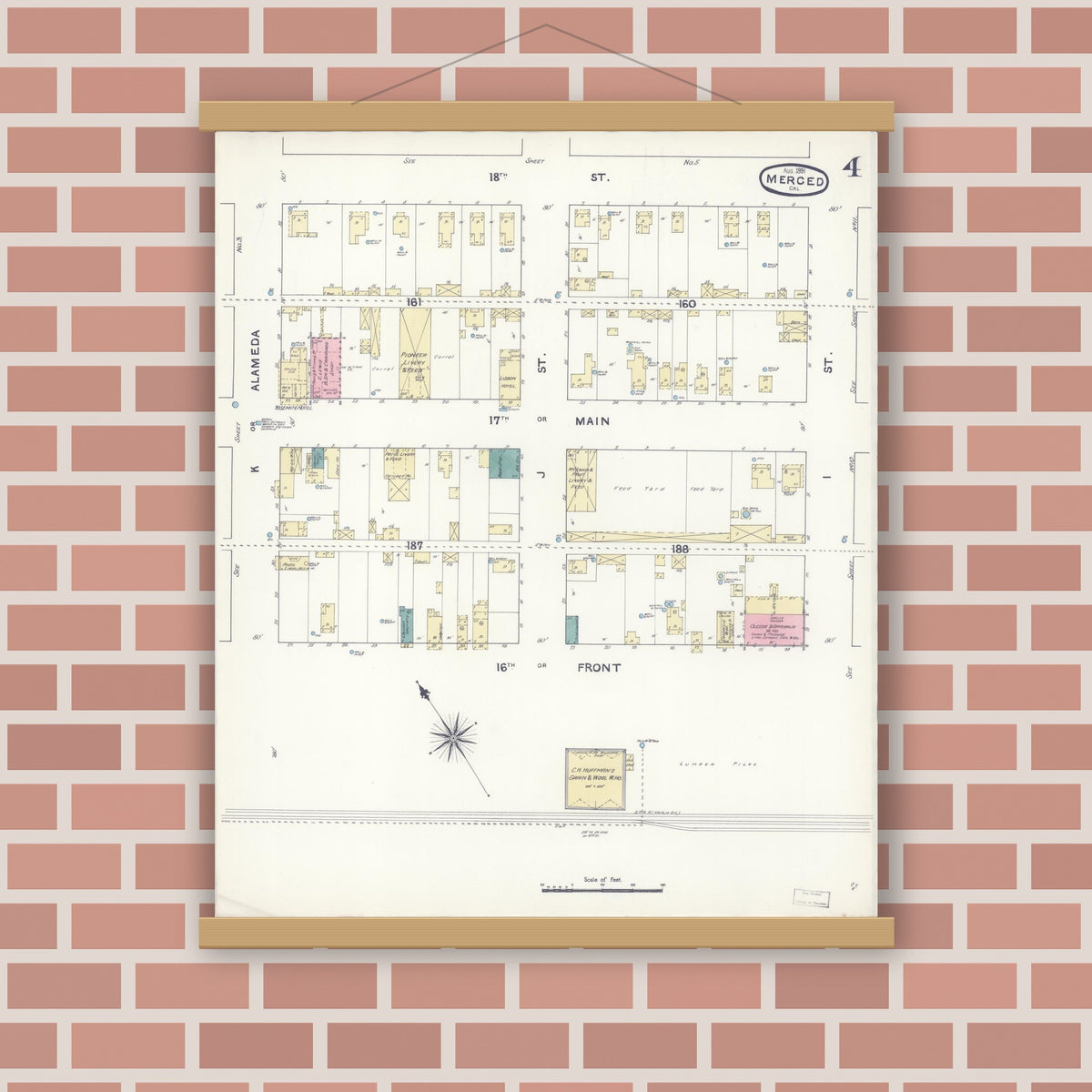Old map wall art mockup — magnetic wood frame on brick wall — Sanborn Fire Insurance Map from Merced, Merced County, California (1891), Sheet #0004