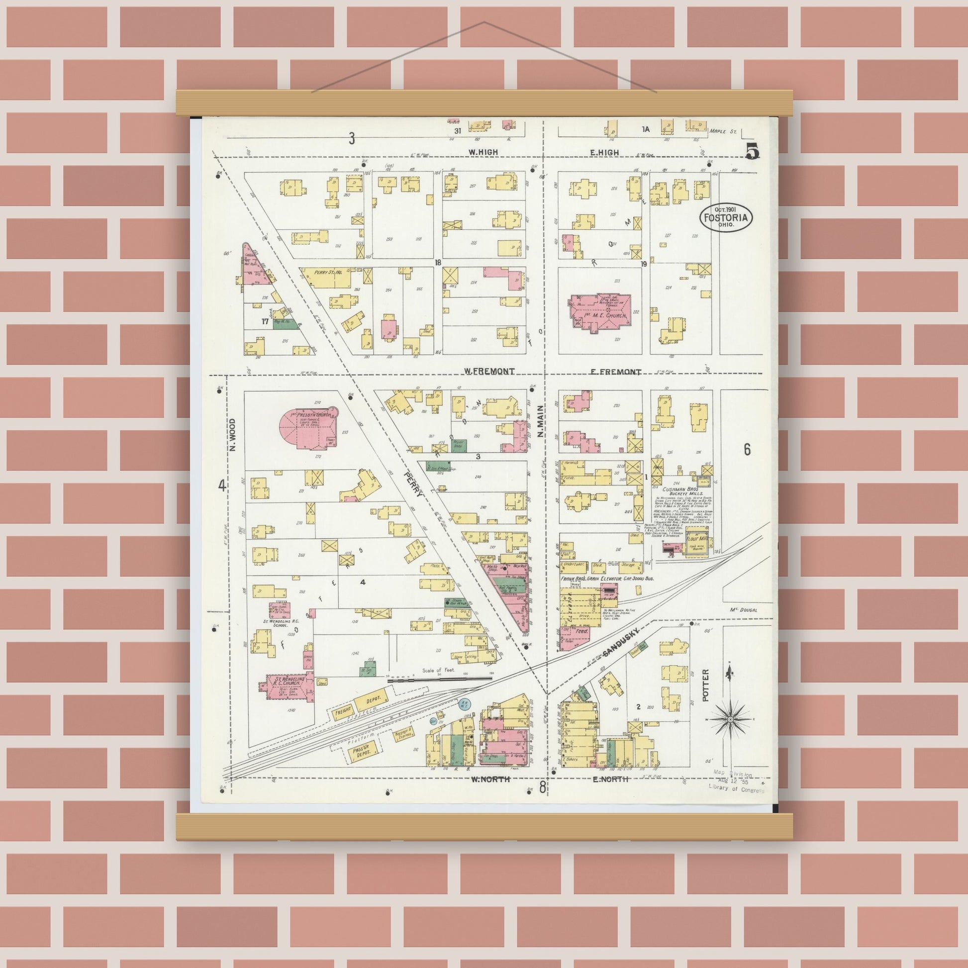Old map wall art mockup — magnetic wood frame on brick wall — Sanborn Fire Insurance Map from Fostoria, Seneca, Hancock, And Wood Counties, Ohio (1901), Sheet #0005