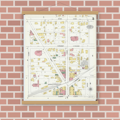 Old map wall art mockup — magnetic wood frame on brick wall — Sanborn Fire Insurance Map from Fostoria, Seneca, Hancock, And Wood Counties, Ohio (1901), Sheet #0005