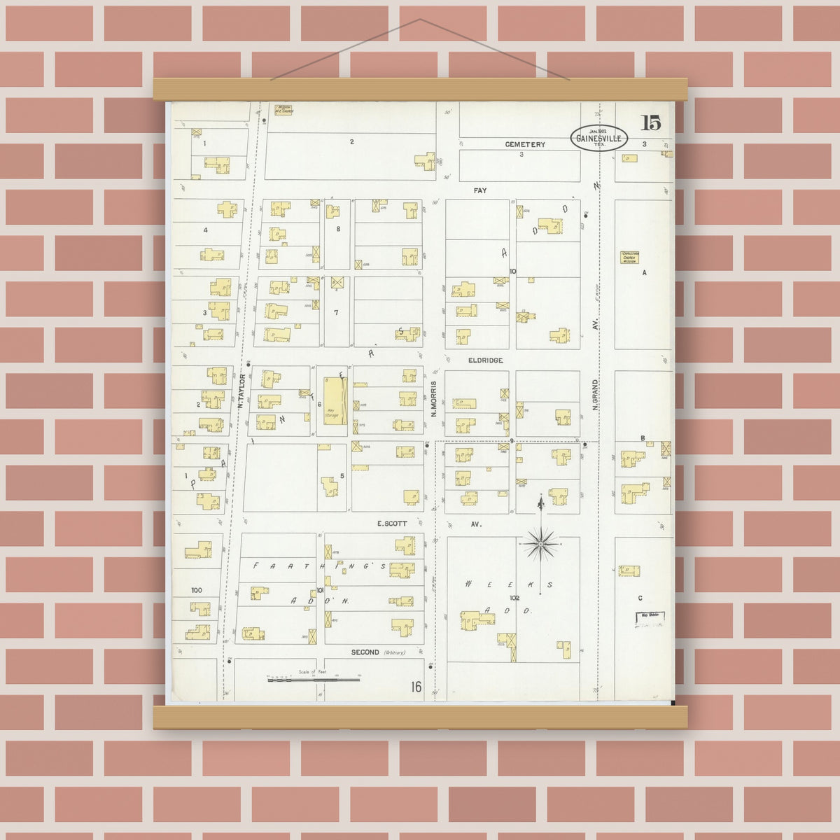 Old map wall art mockup — magnetic wood frame on brick wall — Sanborn Fire Insurance Map from Gainesville, Cooke County, Texas (1902), Sheet #0015