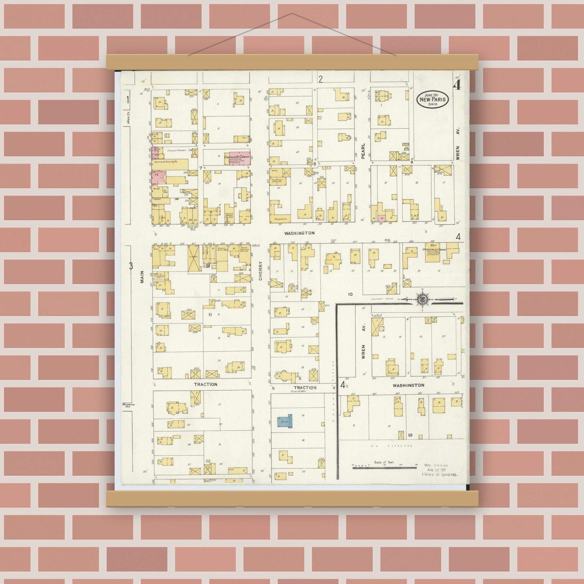 Old map wall art mockup — magnetic wood frame on brick wall — Sanborn Fire Insurance Map from New Paris, Preble County, Ohio (1911), Sheet #0004