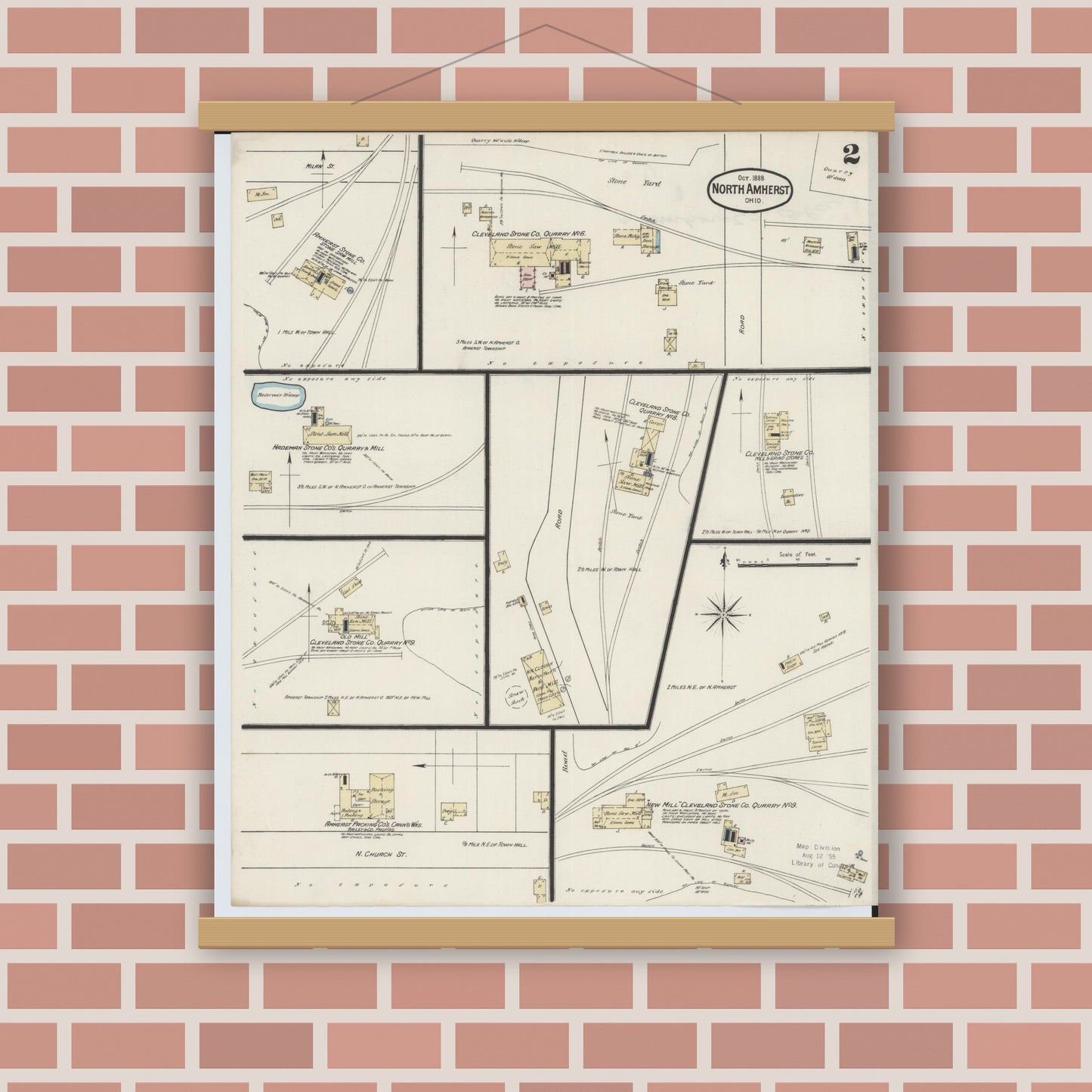Old map wall art mockup — magnetic wood frame on brick wall — Sanborn Fire Insurance Map from North Amherst, Lorain County, Ohio (1888), Sheet #0002