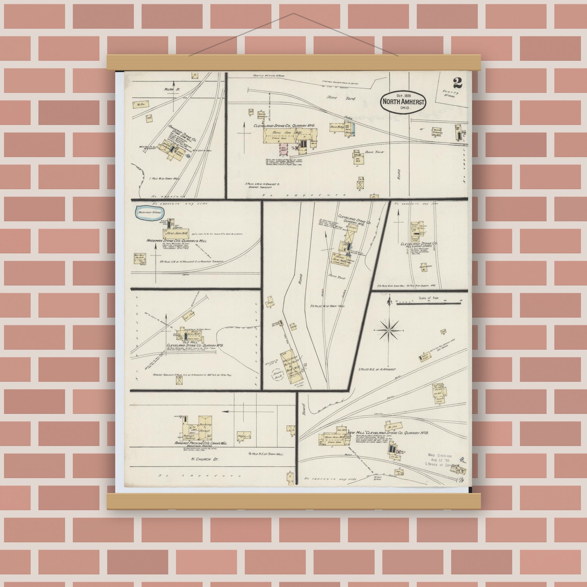 Old map wall art mockup — magnetic wood frame on brick wall — Sanborn Fire Insurance Map from North Amherst, Lorain County, Ohio (1888), Sheet #0002