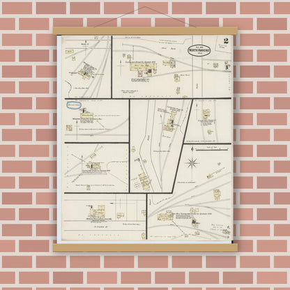 Old map wall art mockup — magnetic wood frame on brick wall — Sanborn Fire Insurance Map from North Amherst, Lorain County, Ohio (1888), Sheet #0002