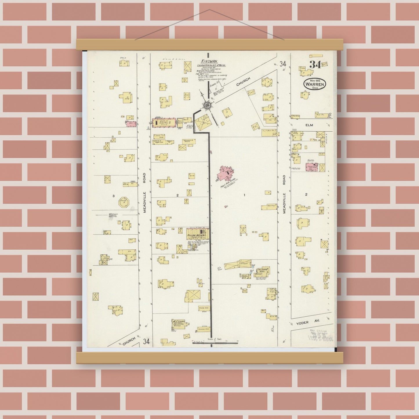 Old map wall art mockup — magnetic wood frame on brick wall — Sanborn Fire Insurance Map from Warren, Trumbull County, Ohio (1915), Sheet #0034