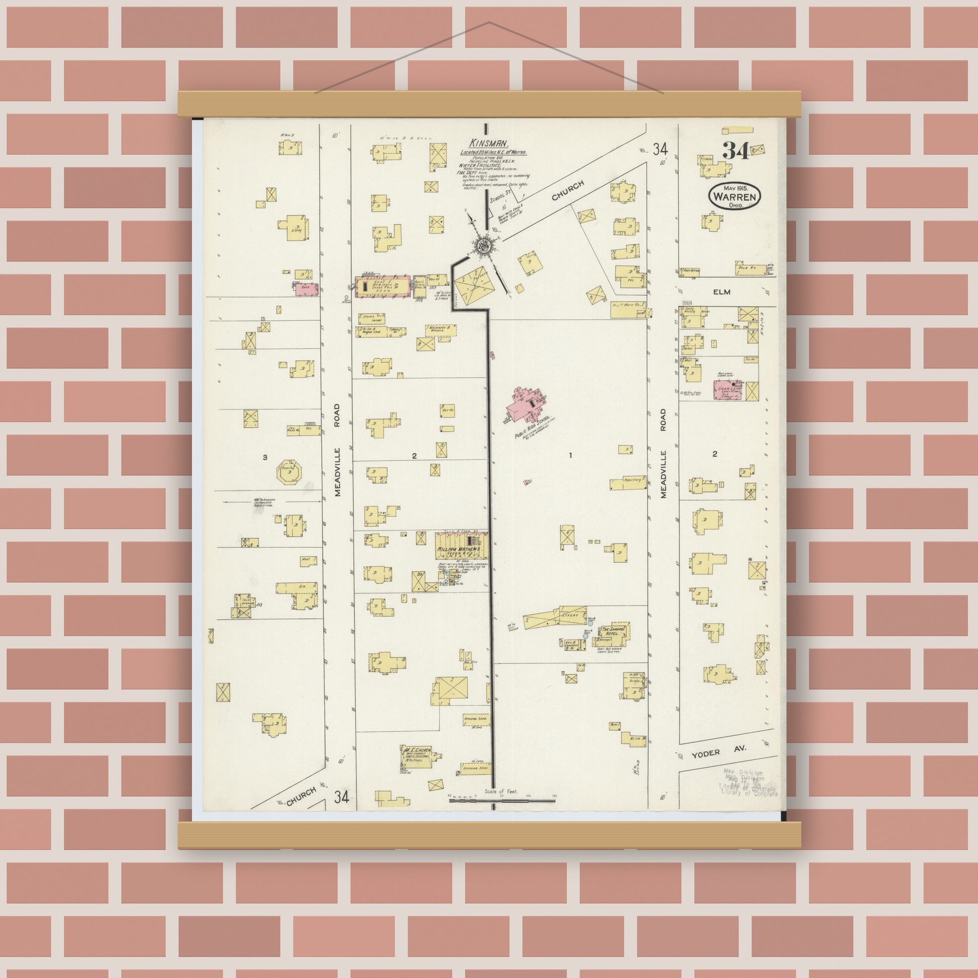 Old map wall art mockup — magnetic wood frame on brick wall — Sanborn Fire Insurance Map from Warren, Trumbull County, Ohio (1915), Sheet #0034