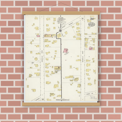 Old map wall art mockup — magnetic wood frame on brick wall — Sanborn Fire Insurance Map from Warren, Trumbull County, Ohio (1915), Sheet #0034