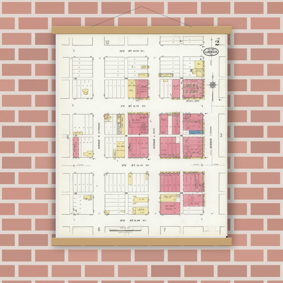 Old map wall art mockup — magnetic wood frame on brick wall — Sanborn Fire Insurance Map from Lubbock, Lubbock County, Texas (1921), Sheet #0002