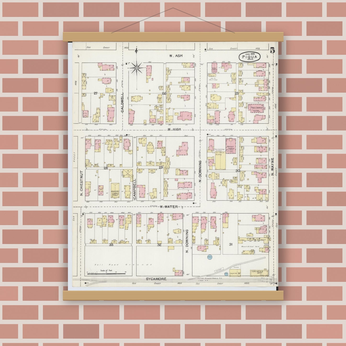 Old map wall art mockup — magnetic wood frame on brick wall — Sanborn Fire Insurance Map from Piqua, Miami County, Ohio (1892), Sheet #0005