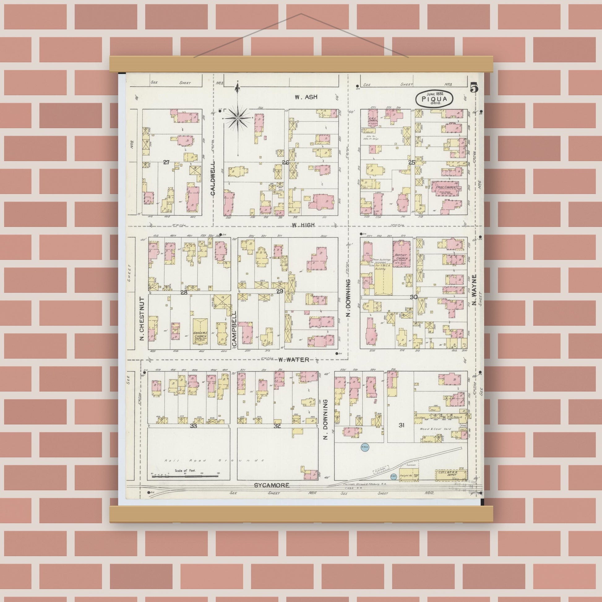 Old map wall art mockup — magnetic wood frame on brick wall — Sanborn Fire Insurance Map from Piqua, Miami County, Ohio (1892), Sheet #0005