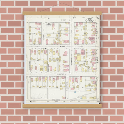 Old map wall art mockup — magnetic wood frame on brick wall — Sanborn Fire Insurance Map from Piqua, Miami County, Ohio (1892), Sheet #0005