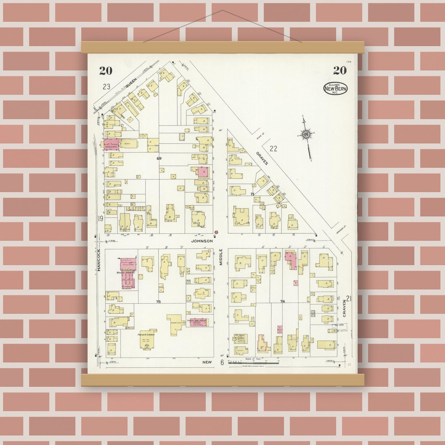 Old map wall art mockup — magnetic wood frame on brick wall — Sanborn Fire Insurance Map from New Bern, Craven County, North Carolina (1924), Sheet #0020