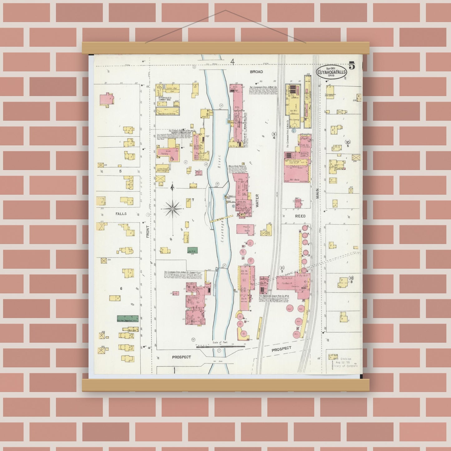 Old map wall art mockup — magnetic wood frame on brick wall — Sanborn Fire Insurance Map from Cuyahoga Falls, Summit County, Ohio (1901), Sheet #0005