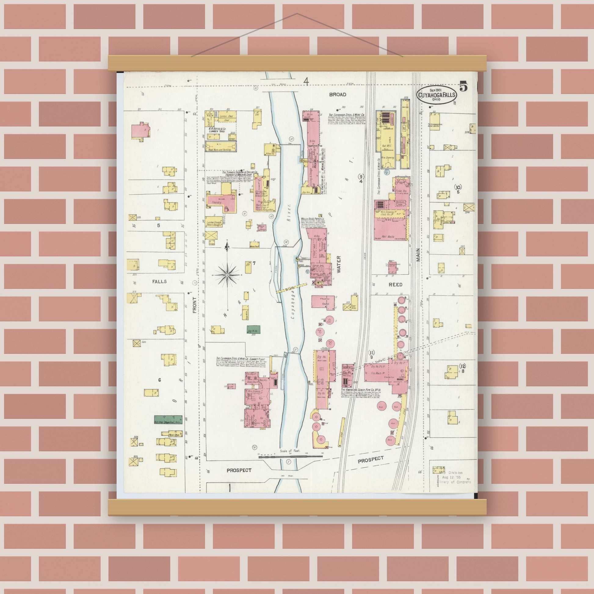 Old map wall art mockup — magnetic wood frame on brick wall — Sanborn Fire Insurance Map from Cuyahoga Falls, Summit County, Ohio (1901), Sheet #0005