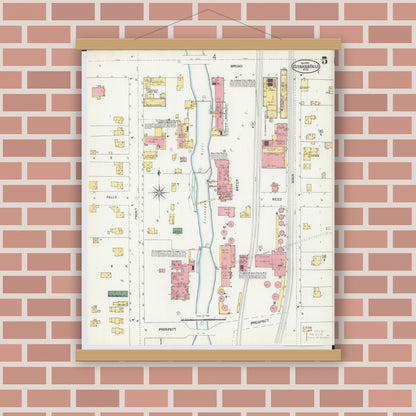 Old map wall art mockup — magnetic wood frame on brick wall — Sanborn Fire Insurance Map from Cuyahoga Falls, Summit County, Ohio (1901), Sheet #0005