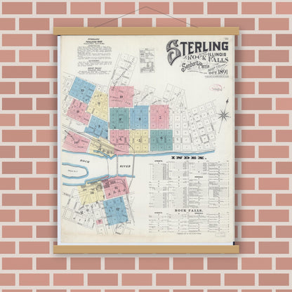 Old map wall art mockup — magnetic wood frame on brick wall — Sanborn Fire Insurance Map from Sterling, Whiteside County, Illinois (1891) - Complete Map Set