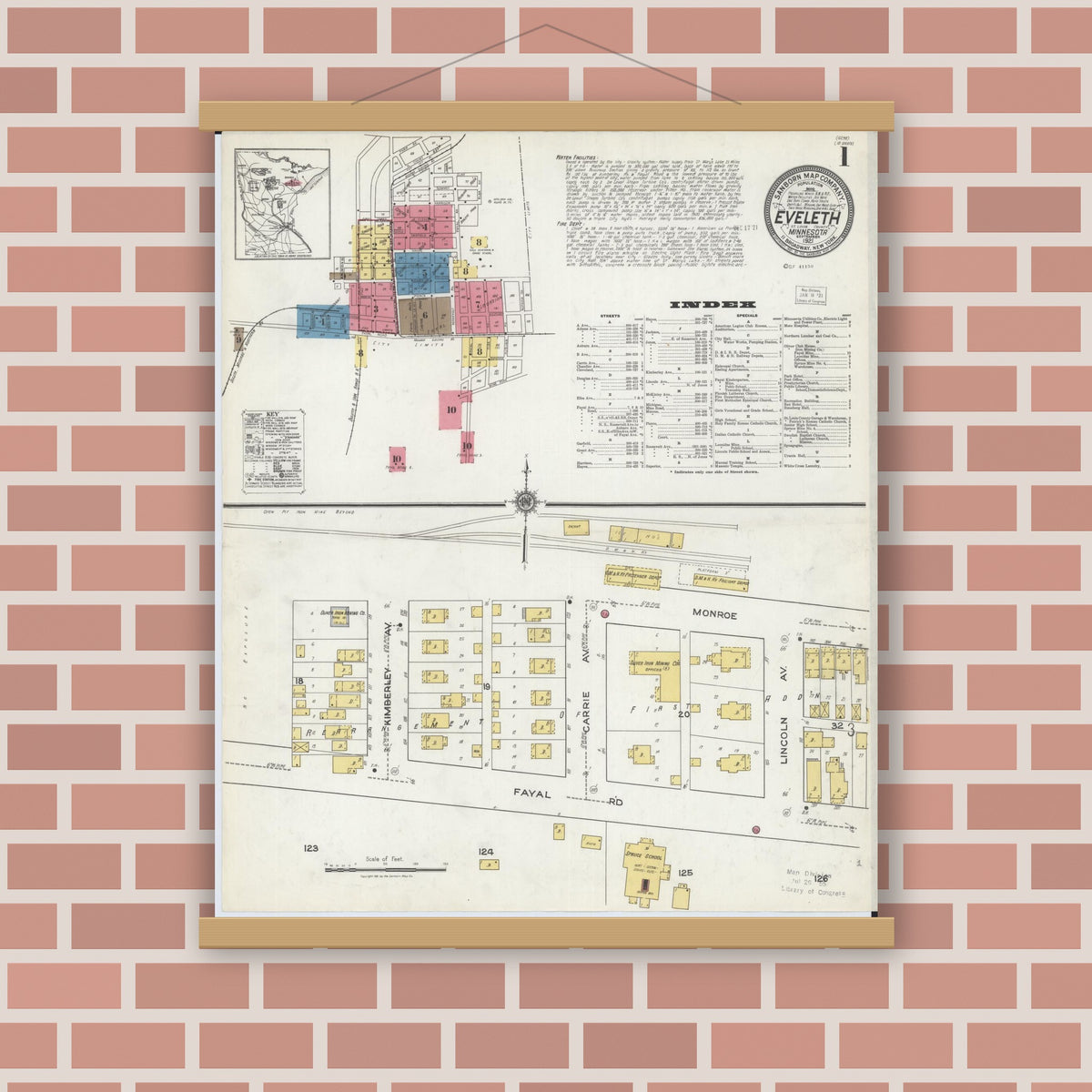 Old map wall art mockup — magnetic wood frame on brick wall — Sanborn Fire Insurance Map from Eveleth, Saint Louis County, Minnesota (1921) - Complete Map Set