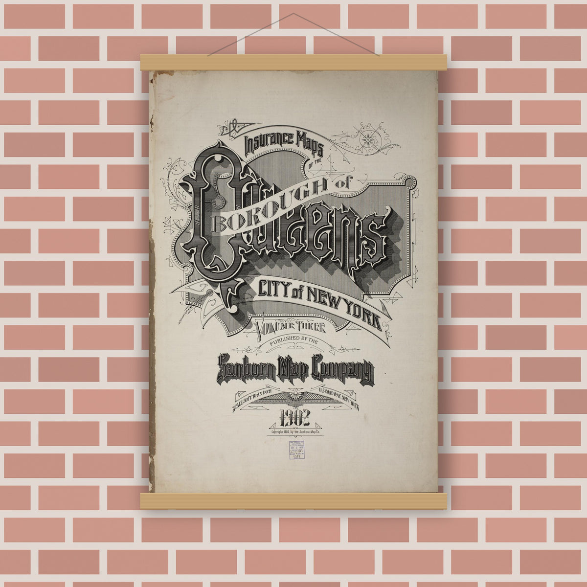 Old map wall art mockup — magnetic wood frame on brick wall — Sanborn Fire Insurance Map from Queens, Queens County, New York (1902), Sheet #0001