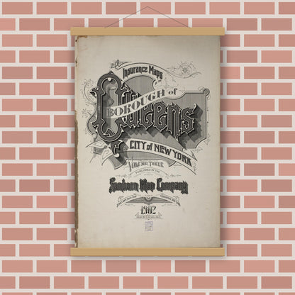 Old map wall art mockup — magnetic wood frame on brick wall — Sanborn Fire Insurance Map from Queens, Queens County, New York (1902), Sheet #0001