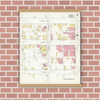 Old map wall art mockup — magnetic wood frame on brick wall — Sanborn Fire Insurance Map from Shelby, Cleveland County, North Carolina (1916), Sheet #0002