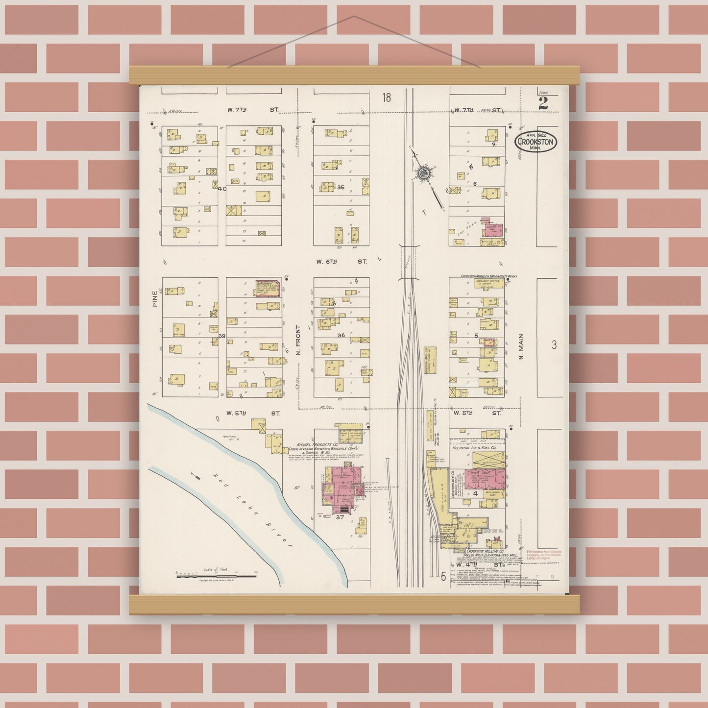 Old map wall art mockup — magnetic wood frame on brick wall — Sanborn Fire Insurance Map from Crookston, Polk County, Minnesota (1922), Sheet #0002