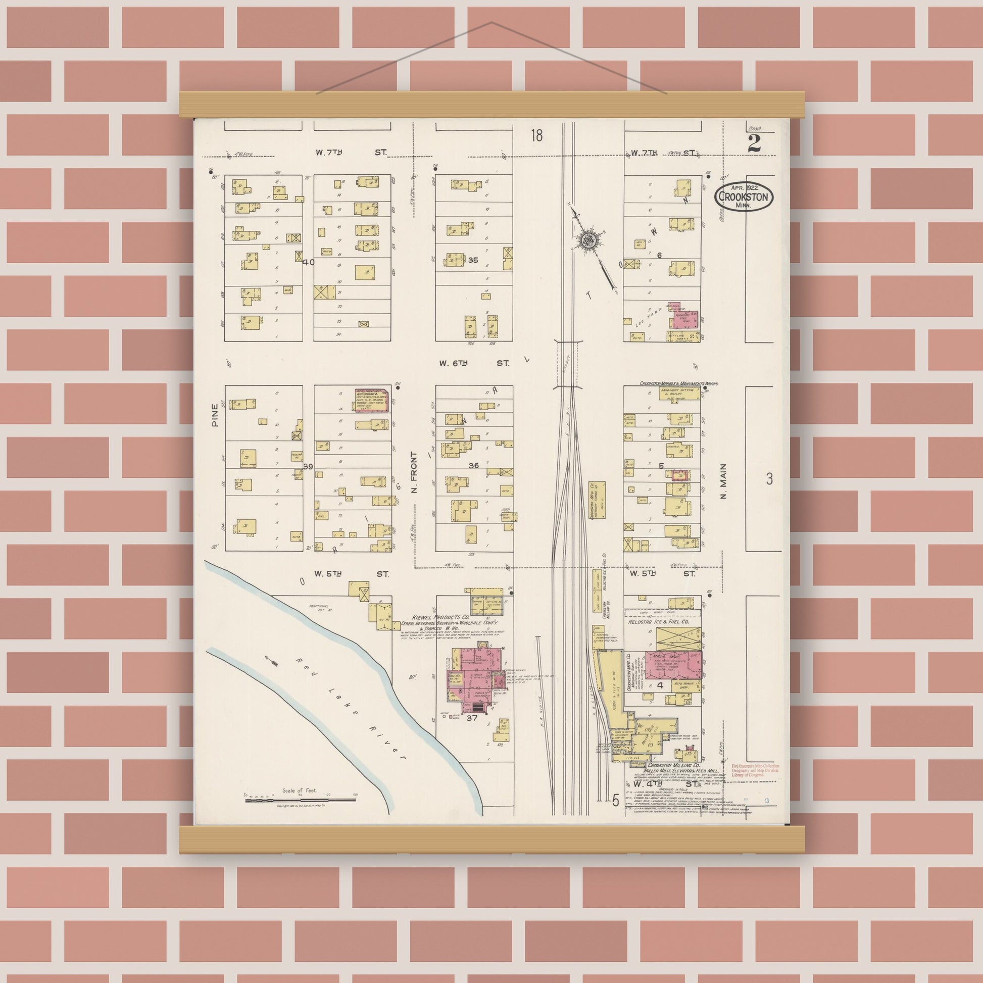 Old map wall art mockup — magnetic wood frame on brick wall — Sanborn Fire Insurance Map from Crookston, Polk County, Minnesota (1922), Sheet #0002
