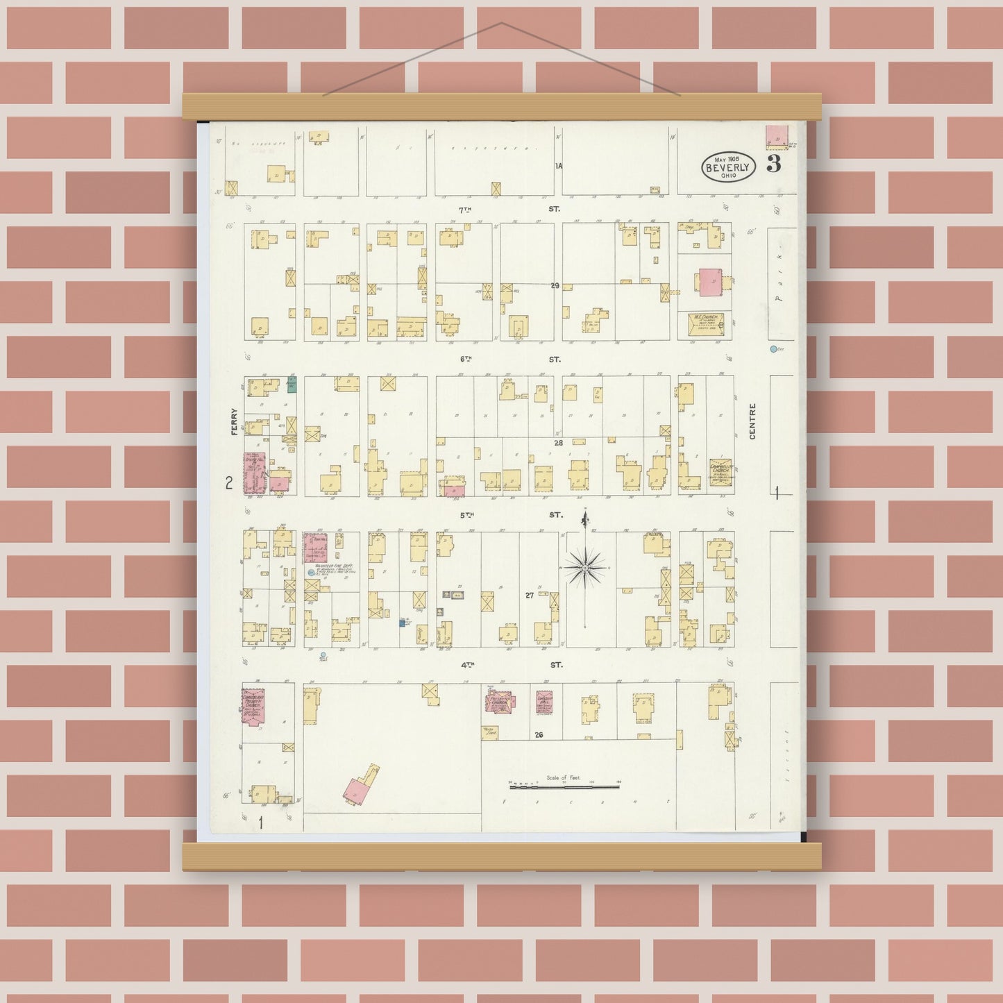 Old map wall art mockup — magnetic wood frame on brick wall — Sanborn Fire Insurance Map from Beverly, Washington County, Ohio (1905), Sheet #0003