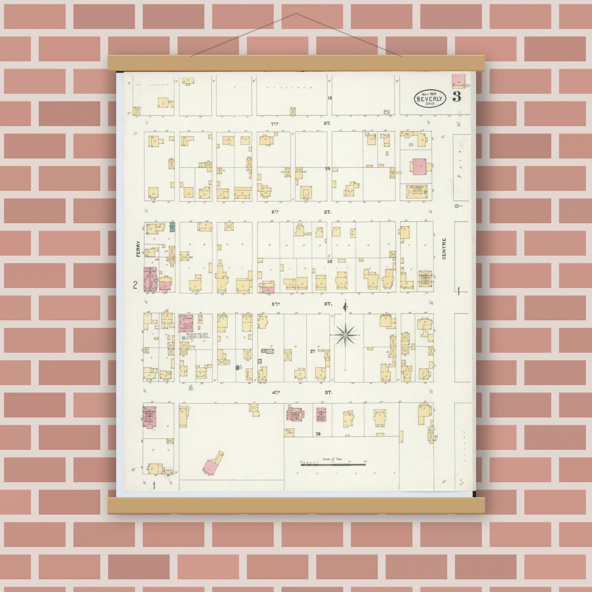 Old map wall art mockup — magnetic wood frame on brick wall — Sanborn Fire Insurance Map from Beverly, Washington County, Ohio (1905), Sheet #0003