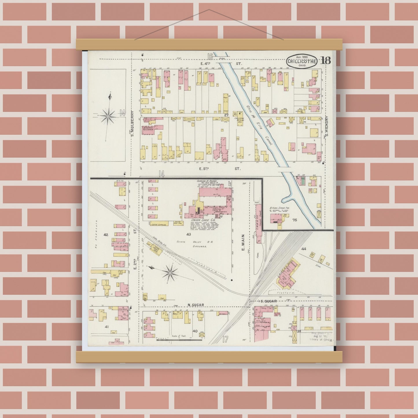 Old map wall art mockup — magnetic wood frame on brick wall — Sanborn Fire Insurance Map from Chillicothe, Ross County, Ohio (1895), Sheet #0018