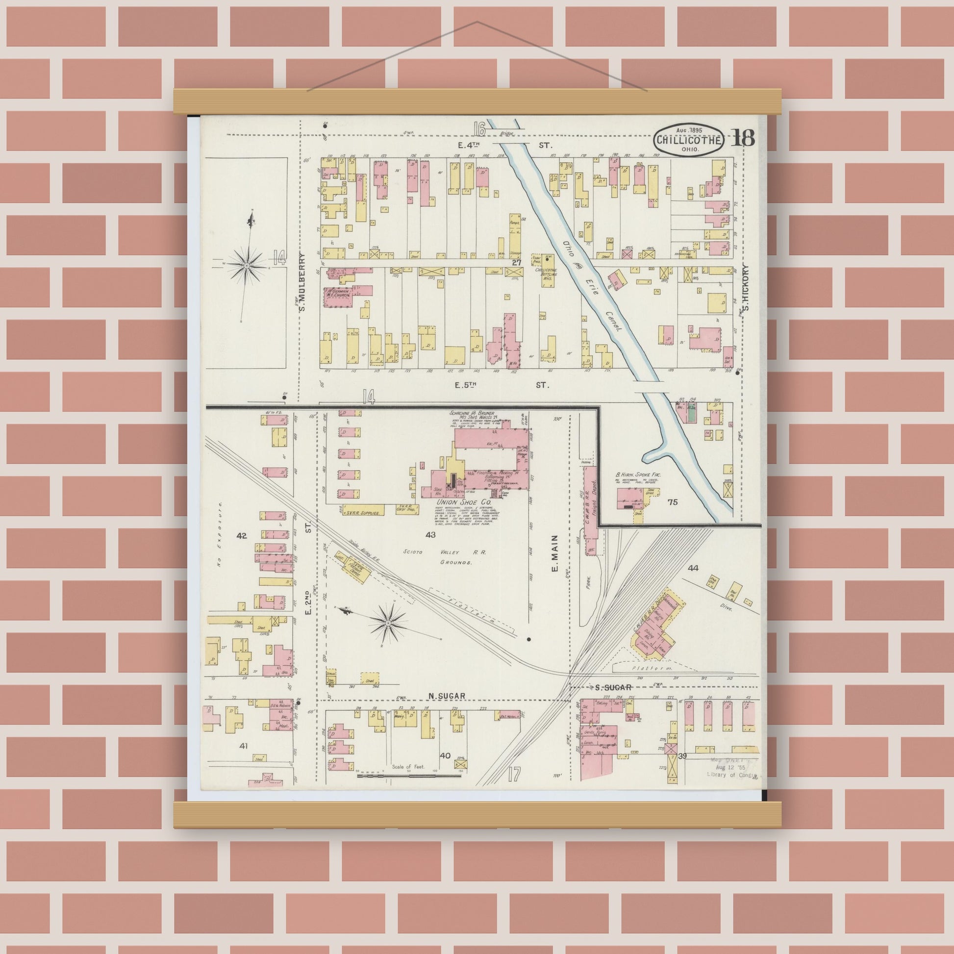 Old map wall art mockup — magnetic wood frame on brick wall — Sanborn Fire Insurance Map from Chillicothe, Ross County, Ohio (1895), Sheet #0018