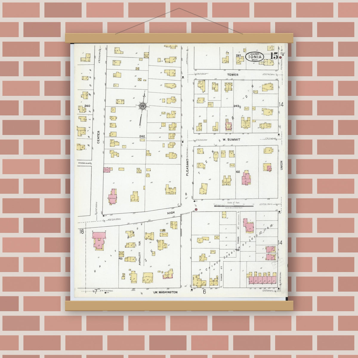 Old map wall art mockup — magnetic wood frame on brick wall — Sanborn Fire Insurance Map from Ionia, Ionia County, Michigan (1920), Sheet #0015