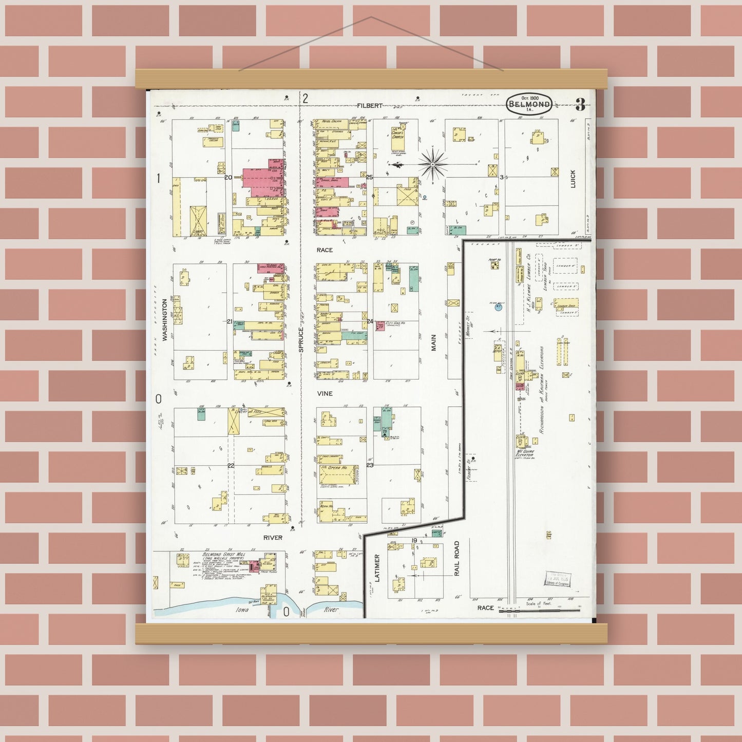 Old map wall art mockup — magnetic wood frame on brick wall — Sanborn Fire Insurance Map from Belmond, Wright County, Iowa (1900), Sheet #0003