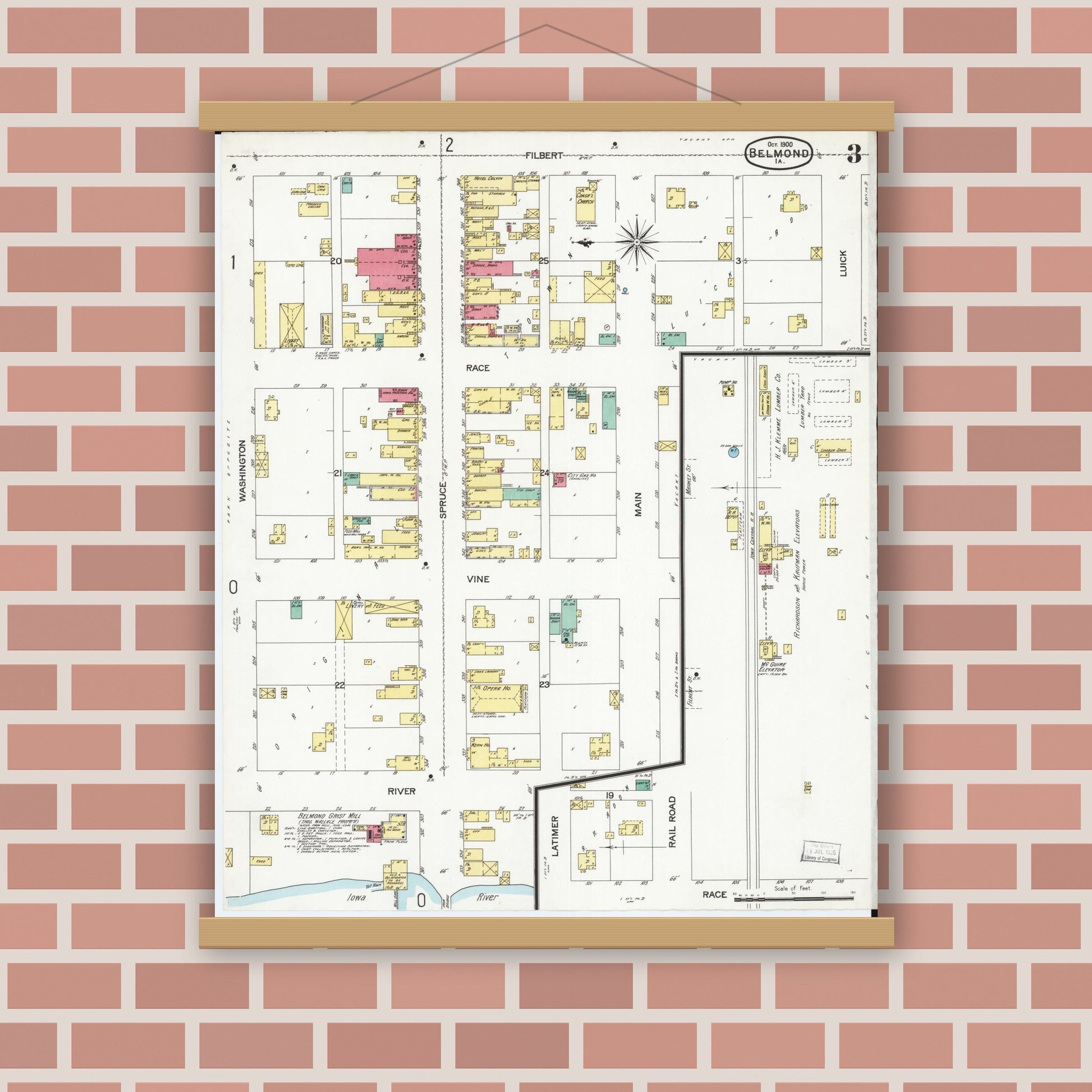 Old map wall art mockup — magnetic wood frame on brick wall — Sanborn Fire Insurance Map from Belmond, Wright County, Iowa (1900), Sheet #0003