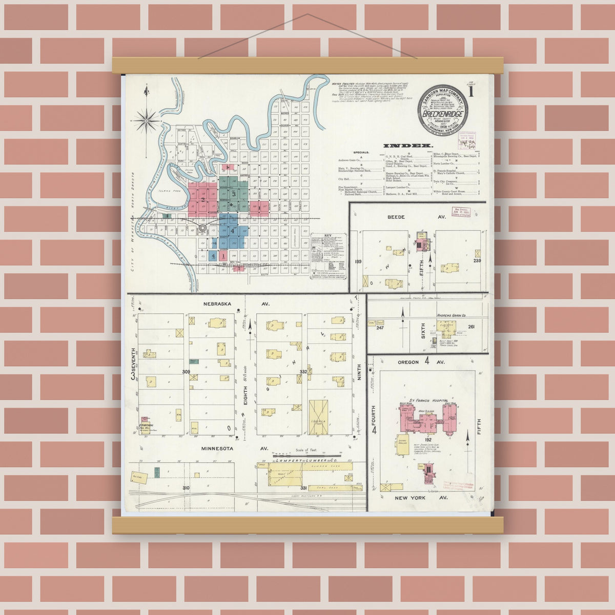 Old map wall art mockup — magnetic wood frame on brick wall — Sanborn Fire Insurance Map from Breckenridge, Wilkin County, Minnesota (1909) - Complete Map Set