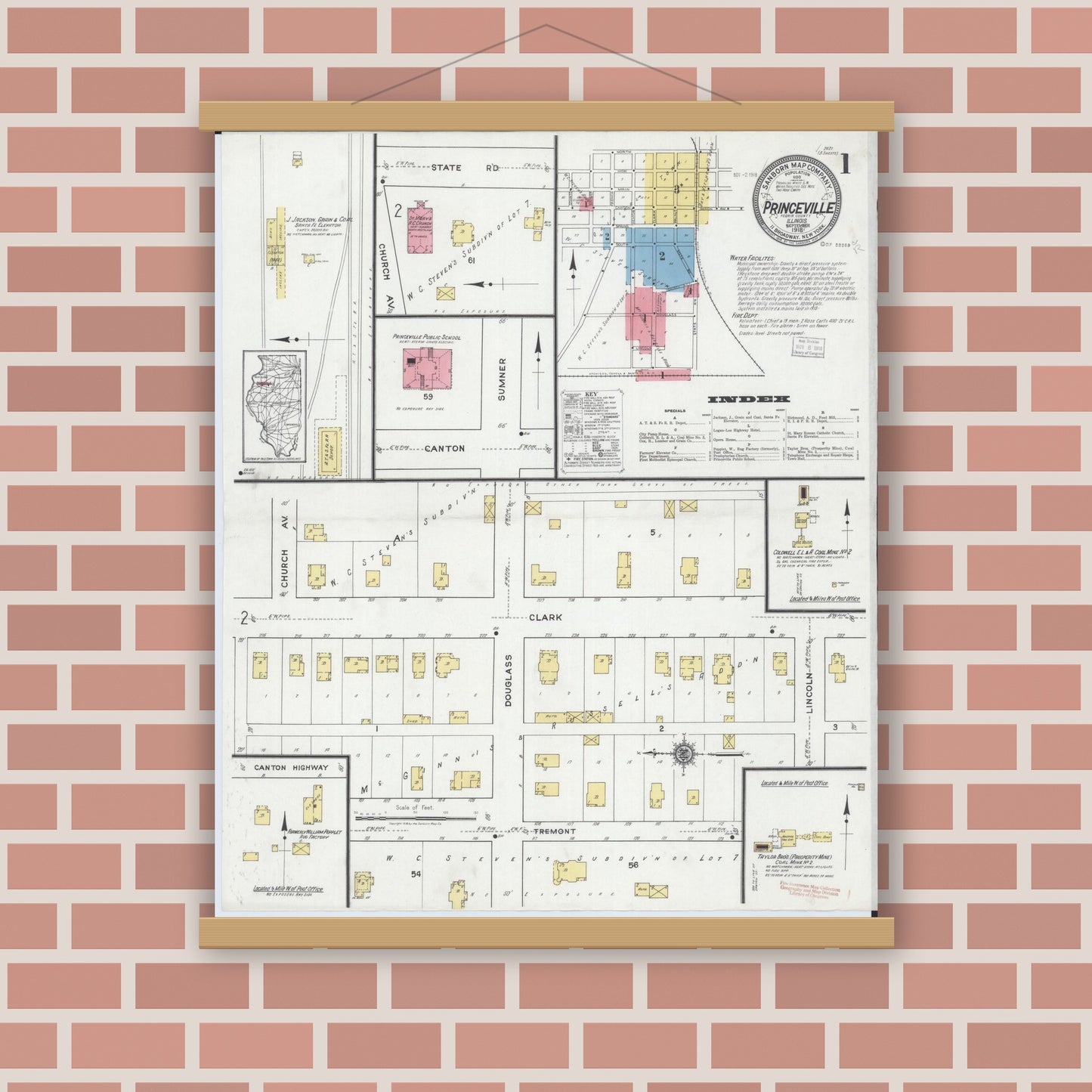 Old map wall art mockup — magnetic wood frame on brick wall — Sanborn Fire Insurance Map from Princeville, Peoria County, Illinois (1918) - Complete Map Set