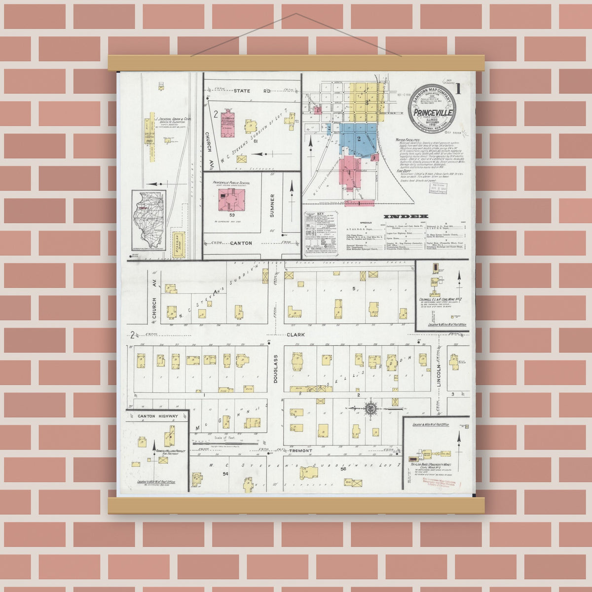 Old map wall art mockup — magnetic wood frame on brick wall — Sanborn Fire Insurance Map from Princeville, Peoria County, Illinois (1918) - Complete Map Set