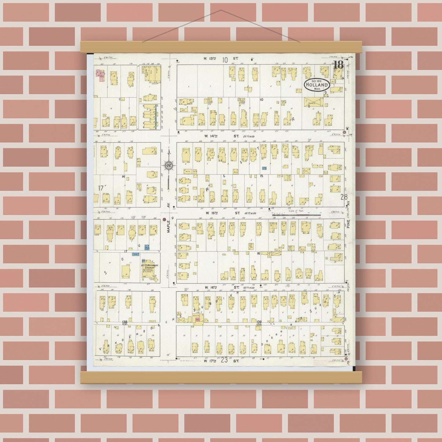 Old map wall art mockup — magnetic wood frame on brick wall — Sanborn Fire Insurance Map from Holland, Ottawa County, Michigan (1916), Sheet #0018