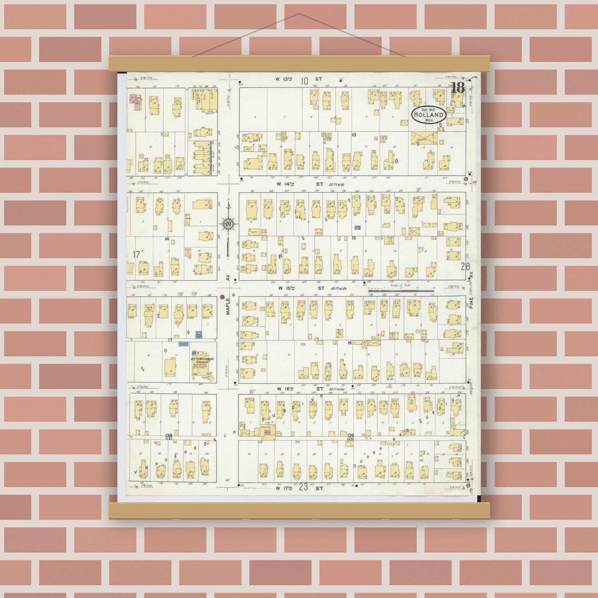 Old map wall art mockup — magnetic wood frame on brick wall — Sanborn Fire Insurance Map from Holland, Ottawa County, Michigan (1916), Sheet #0018