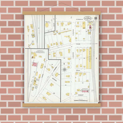 Old map wall art mockup — magnetic wood frame on brick wall — Sanborn Fire Insurance Map from Hillsboro, Hill County, Texas (1900), Sheet #0013