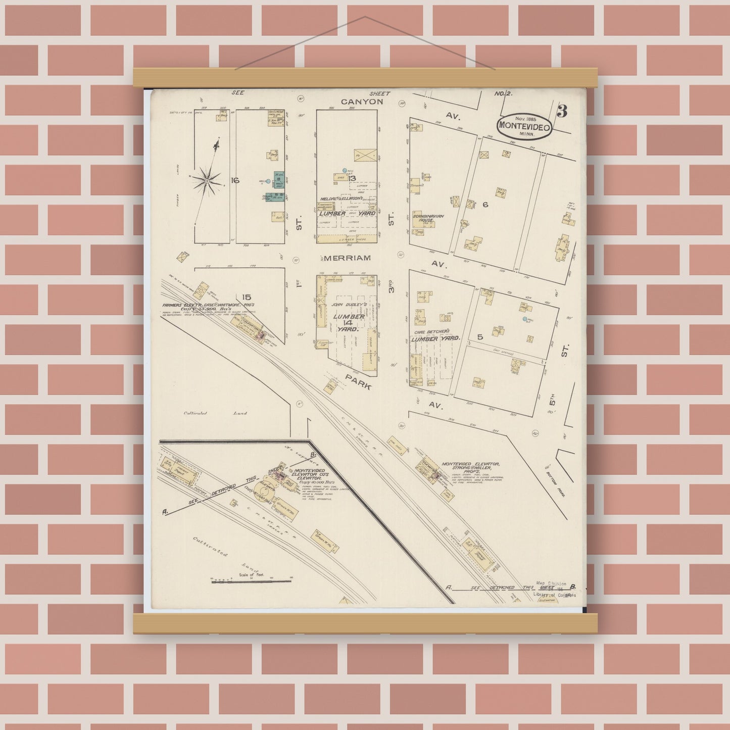 Old map wall art mockup — magnetic wood frame on brick wall — Sanborn Fire Insurance Map from Montevideo, Chippewa County, Minnesota (1885), Sheet #0003