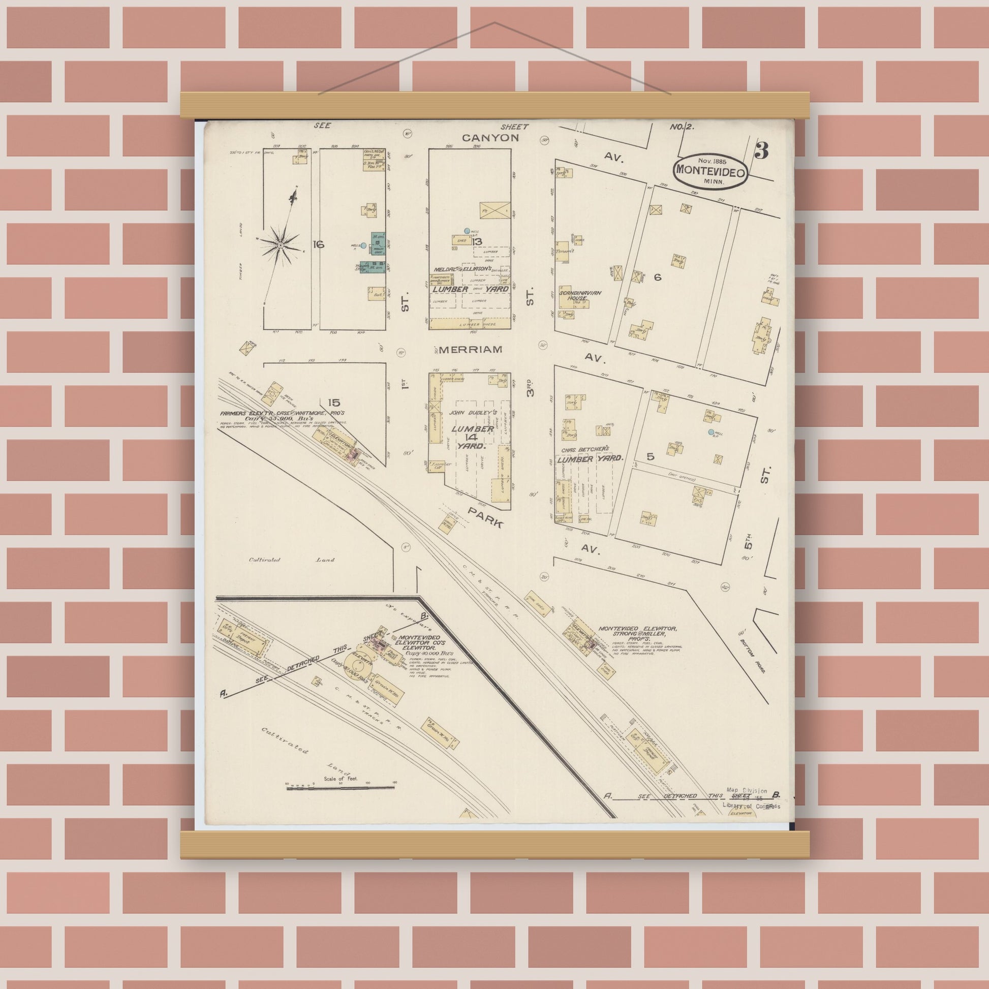 Old map wall art mockup — magnetic wood frame on brick wall — Sanborn Fire Insurance Map from Montevideo, Chippewa County, Minnesota (1885), Sheet #0003