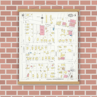 Old map wall art mockup — magnetic wood frame on brick wall — Sanborn Fire Insurance Map from Wayne, Wayne County, Michigan (1926), Sheet #0003