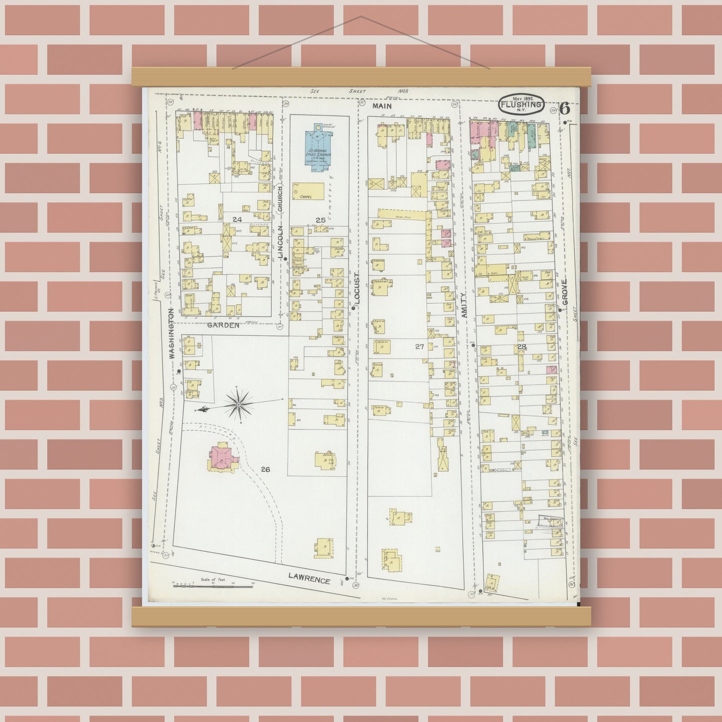 Old map wall art mockup — magnetic wood frame on brick wall — Sanborn Fire Insurance Map from Flushing, Queens County, New York (1892), Sheet #0006