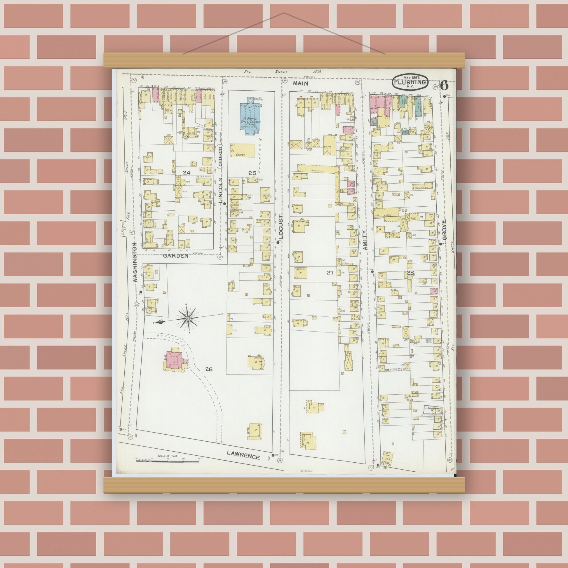 Old map wall art mockup — magnetic wood frame on brick wall — Sanborn Fire Insurance Map from Flushing, Queens County, New York (1892), Sheet #0006