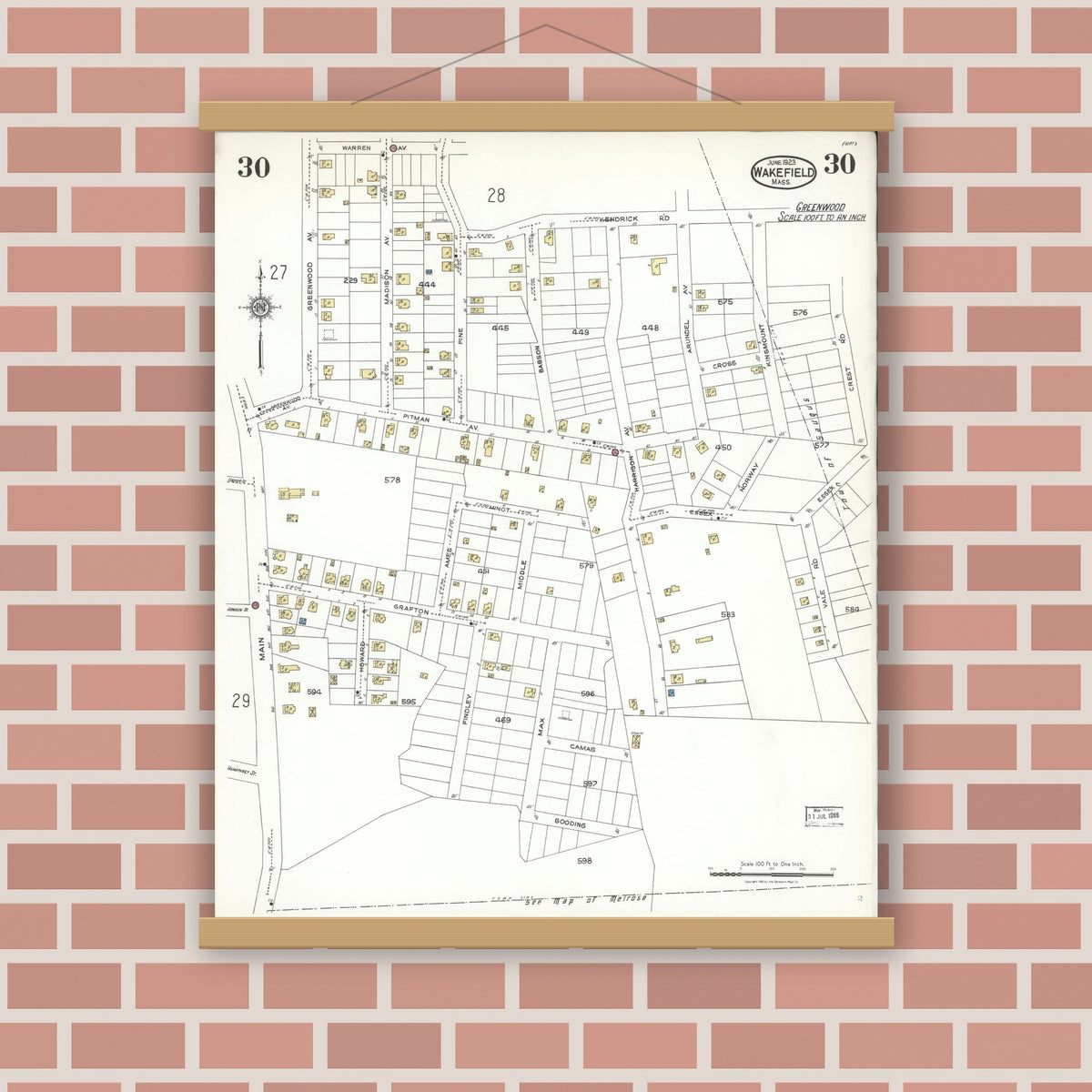 Old map wall art mockup — magnetic wood frame on brick wall — Sanborn Fire Insurance Map from Wakefield, Middlesex County, Massachusetts (1923), Sheet #0030