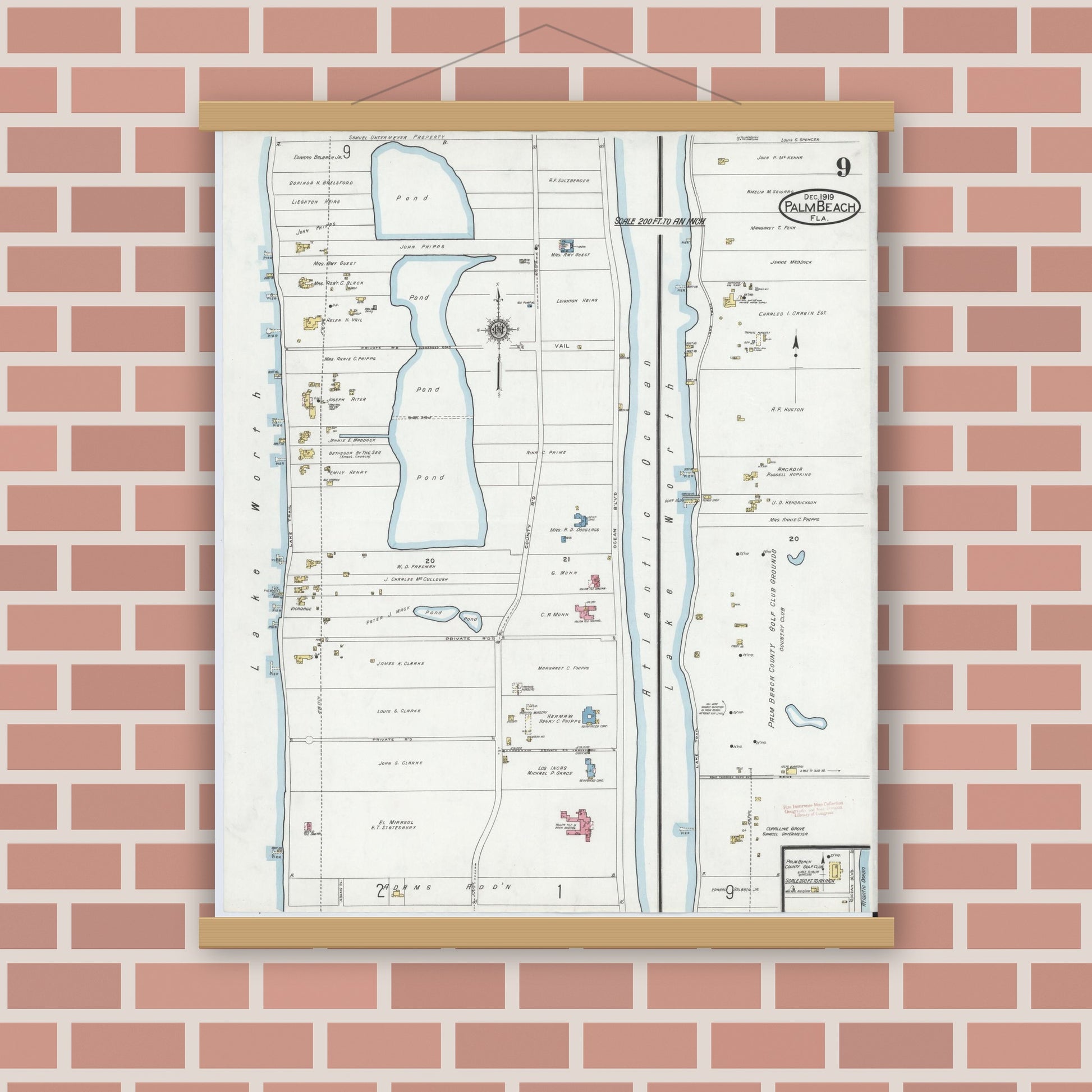 Old map wall art mockup — magnetic wood frame on brick wall — Sanborn Fire Insurance Map from Palm Beach, Palm Beach County, Florida (1919), Sheet #0009