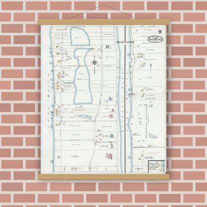 Old map wall art mockup — magnetic wood frame on brick wall — Sanborn Fire Insurance Map from Palm Beach, Palm Beach County, Florida (1919), Sheet #0009