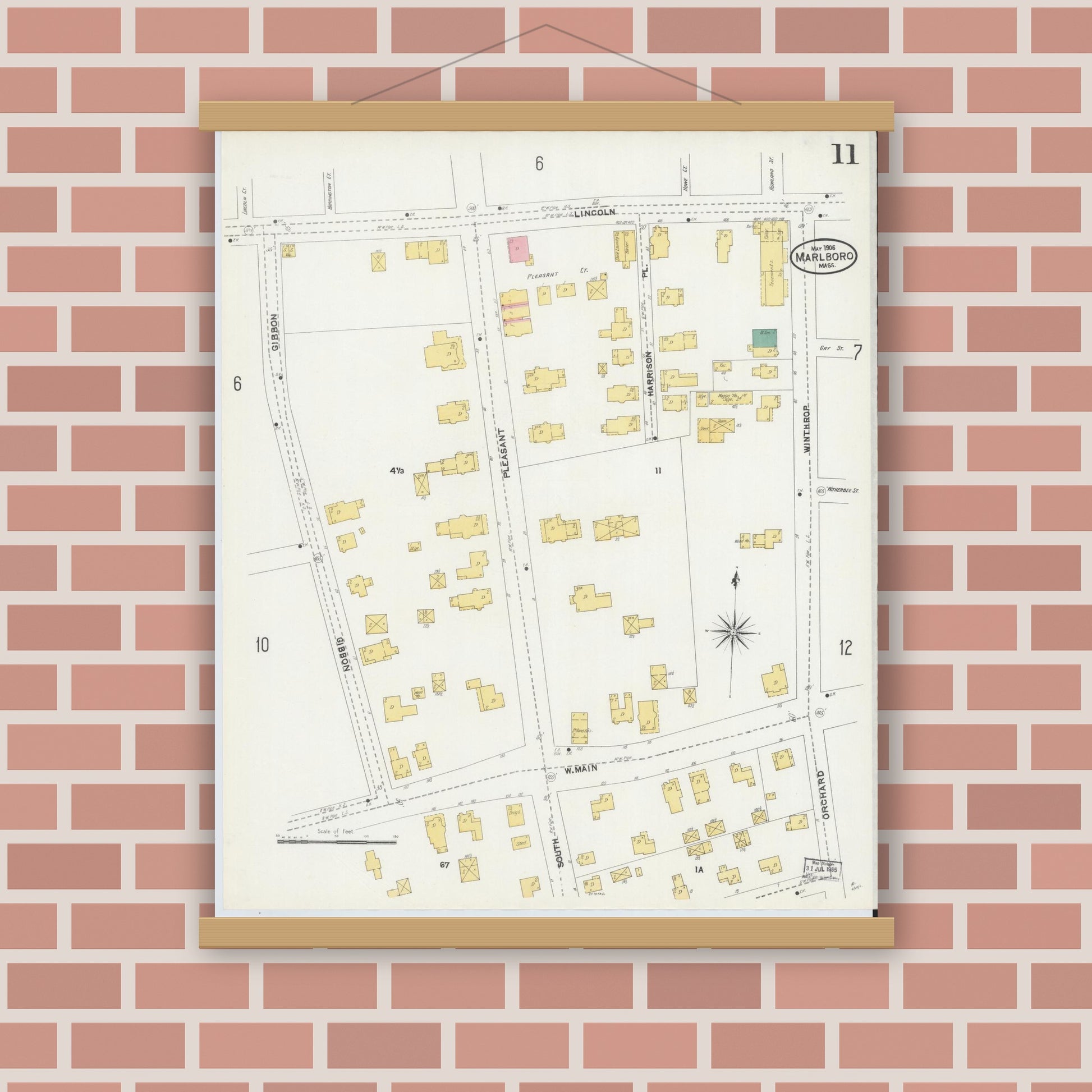 Old map wall art mockup — magnetic wood frame on brick wall — Sanborn Fire Insurance Map from Marlborough, Middlesex County, Massachusetts (1906), Sheet #0011