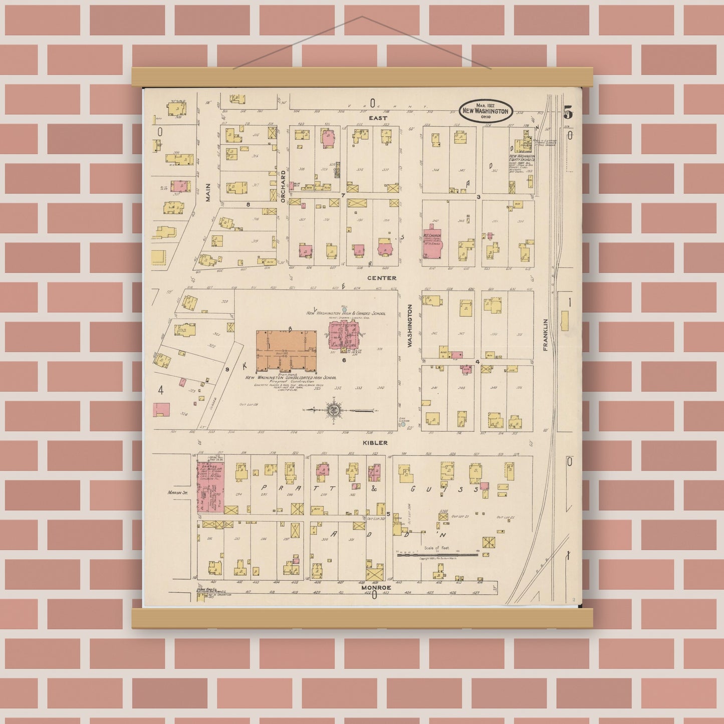 Old map wall art mockup — magnetic wood frame on brick wall — Sanborn Fire Insurance Map from New Washington, Crawford County, Ohio (1922), Sheet #0005