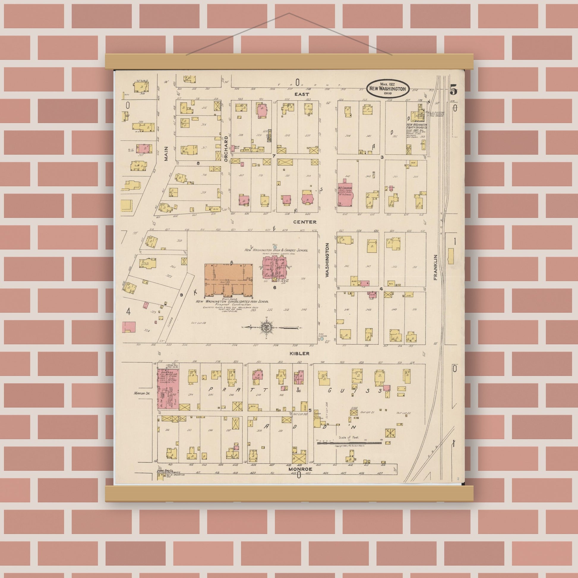Old map wall art mockup — magnetic wood frame on brick wall — Sanborn Fire Insurance Map from New Washington, Crawford County, Ohio (1922), Sheet #0005
